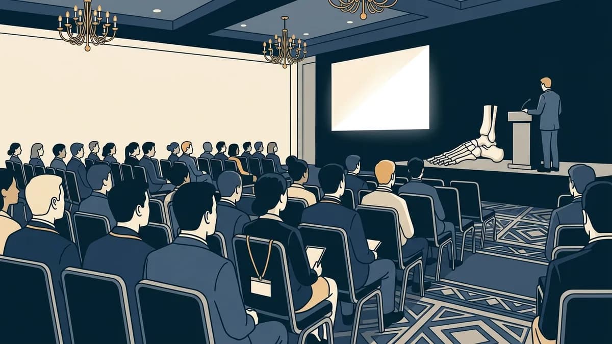 Rows of attendees seen from behind at a podiatric medicine conference session.