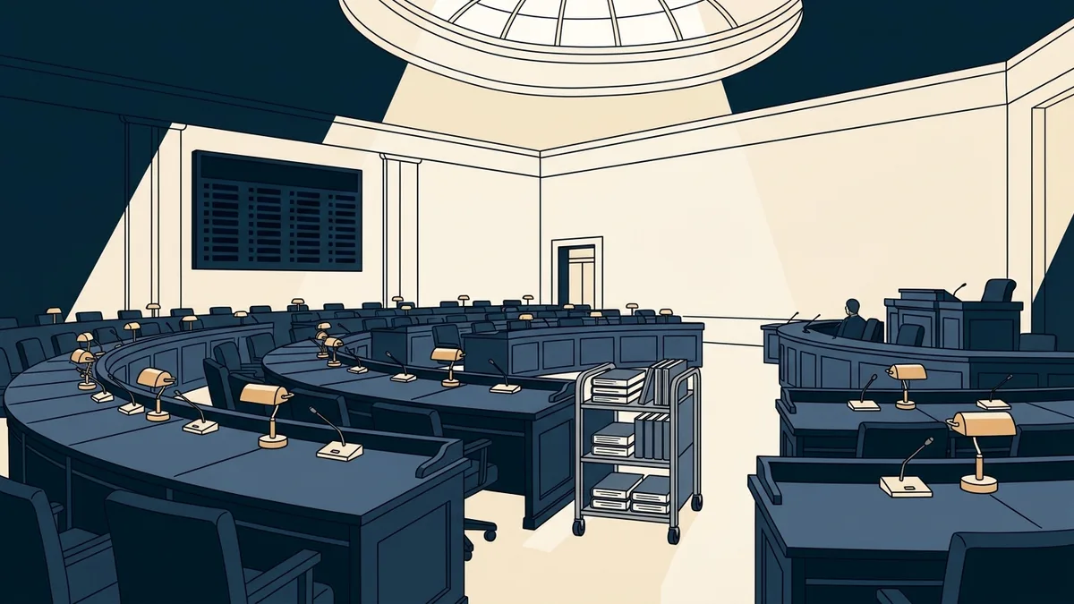 A state senate chamber with rows of wooden desks and a vote tally board turned off.