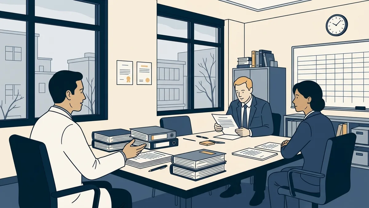 A residency program office where accreditation site visitors review case logs with a program director at a conference table.