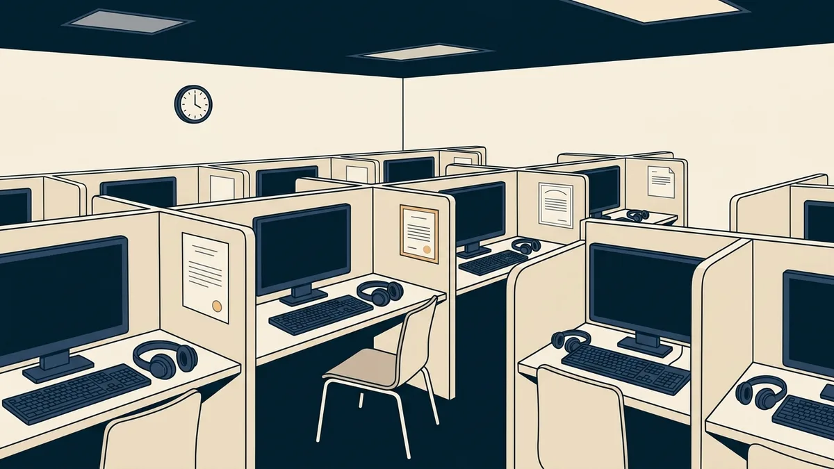 Rows of empty testing carrels with partitions and headphones in a quiet exam room.