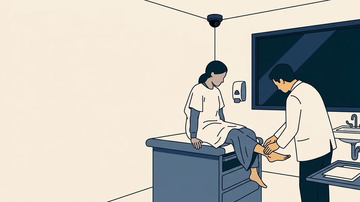 A clinical skills exam room where a podiatry student examines a standardized patient's foot while an observer watches.