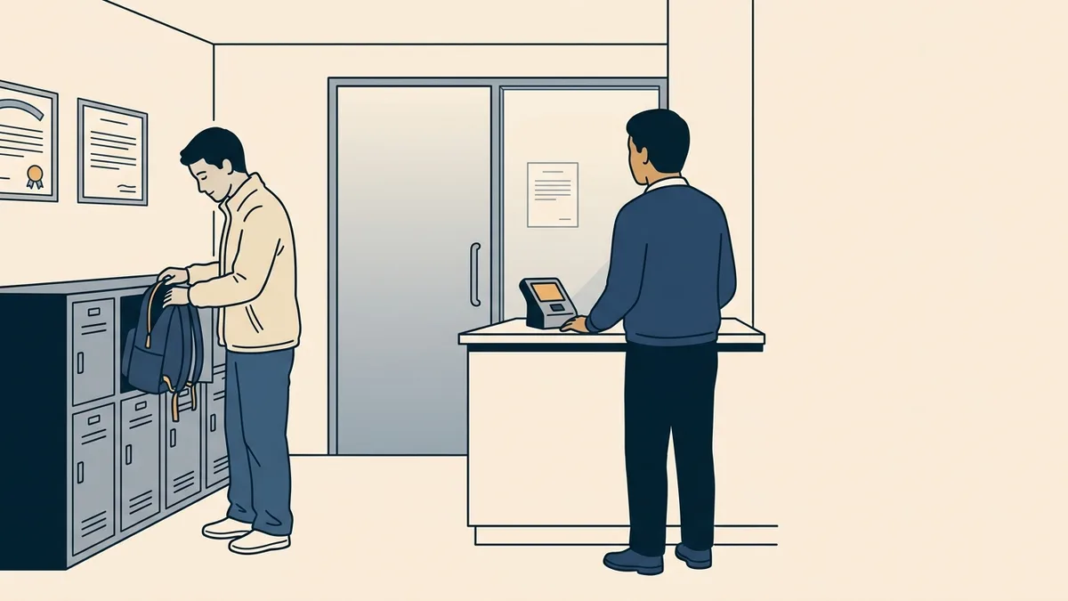 A testing center check-in counter with a row of small gray lockers and a candidate placing a bag inside one.