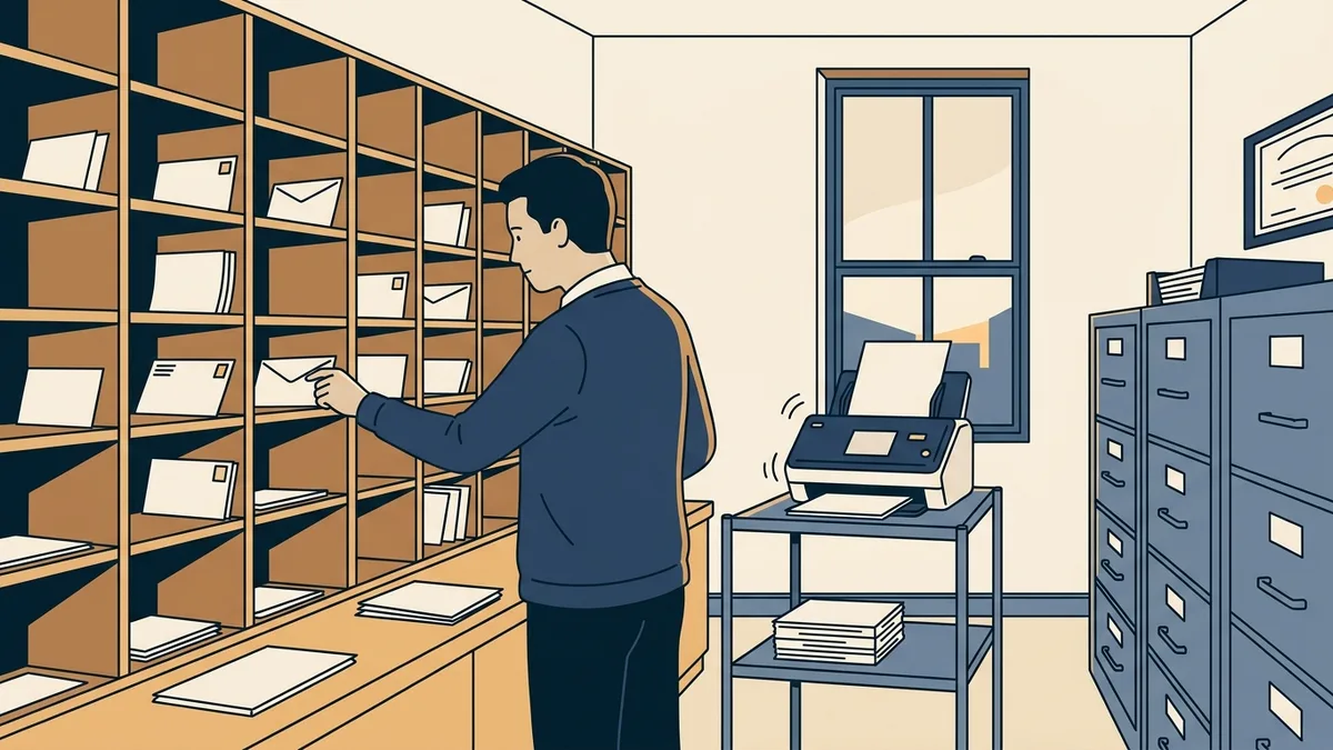 A state licensing office mailroom with sorting bins and a clerk opening envelopes beside a scanner.