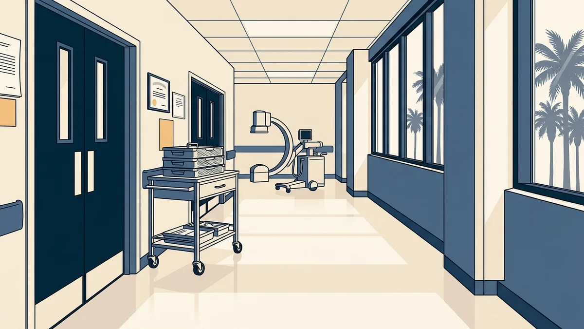 A hospital surgical corridor in California with afternoon light and a podiatric surgery cart.