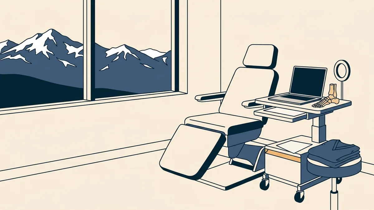 A podiatrist conducting a video visit from a clinic with mountain views.