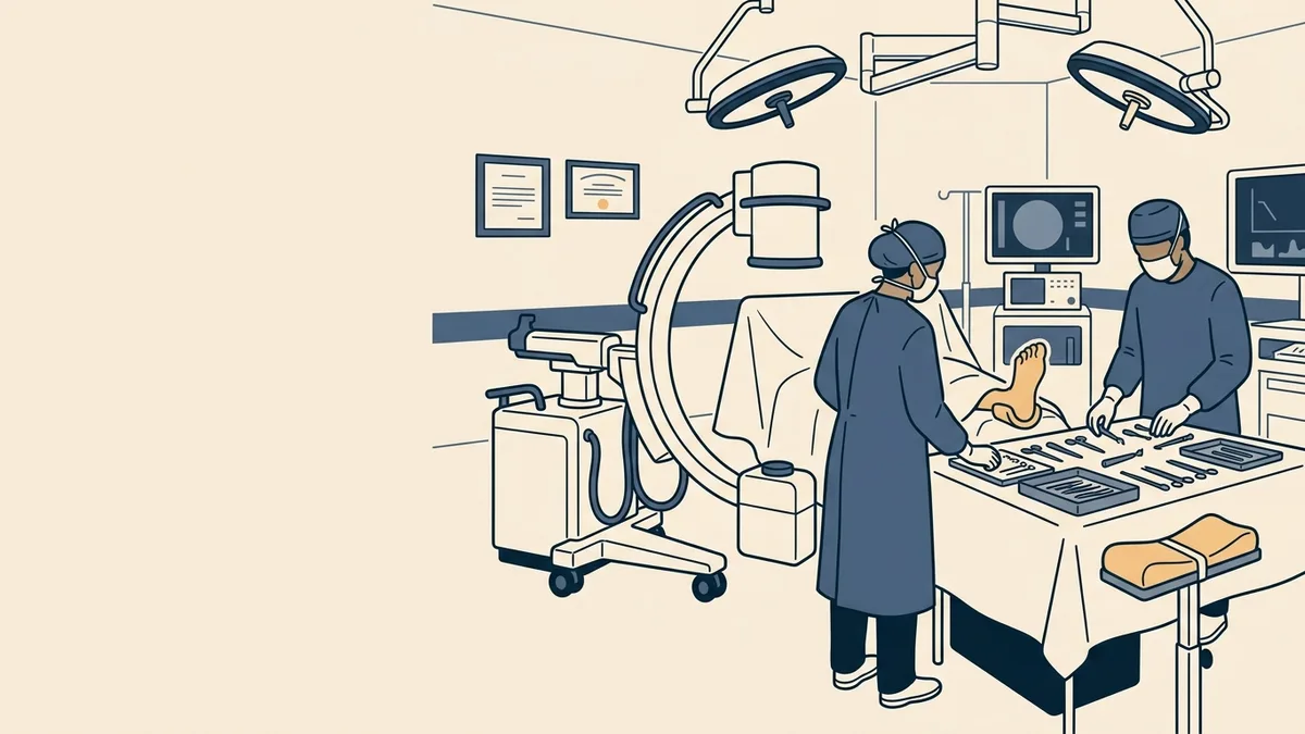 A podiatric surgical resident and attending preparing instruments beside an operating table set up for foot surgery.