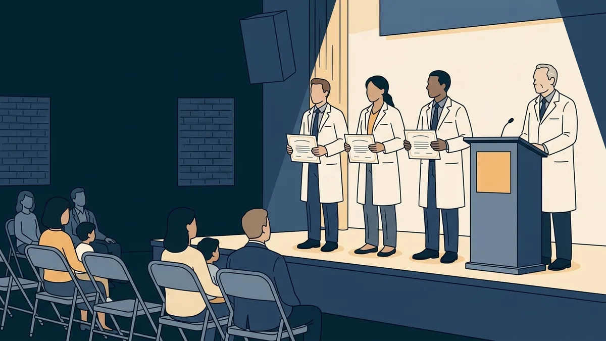 A podiatry residency graduation in a hospital auditorium with residents in white coats holding certificates.