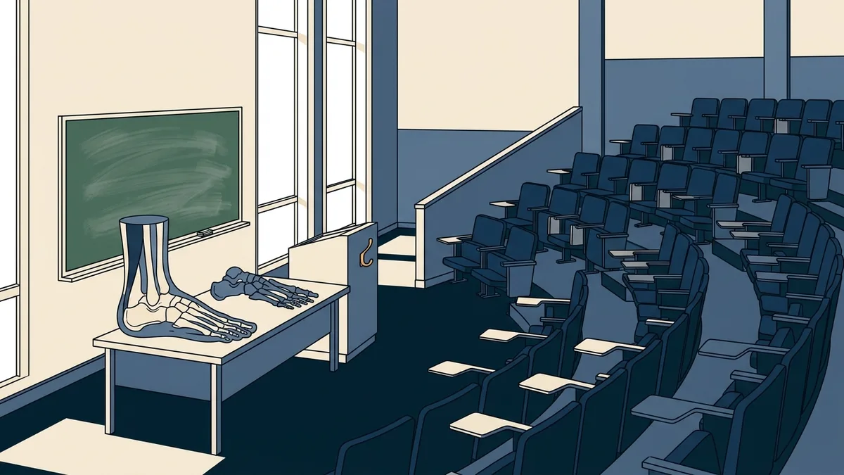 A podiatry lecture hall with tiered seats and an anatomical foot model on the instructor's table.