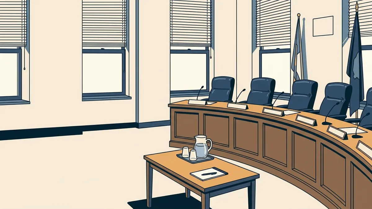 A state podiatry board hearing room with a curved dais, nameplate holders and an empty witness table.