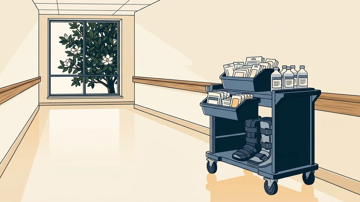 A wound-care cart in a nursing facility corridor in Georgia.
