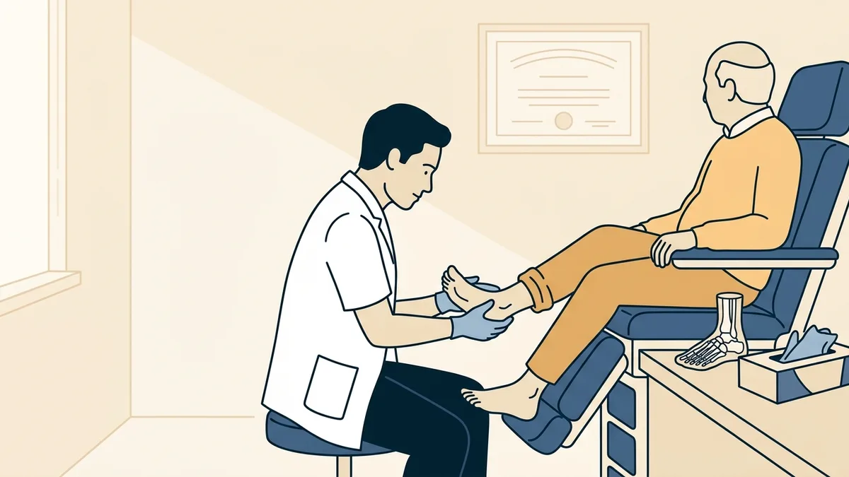 A podiatrist in a short white coat examining a patient's foot on a padded exam chair in a bright clinic room.