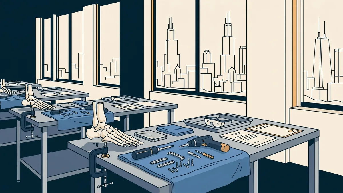 A surgical skills lab with foot bone models clamped to tables, Chicago skyline beyond.