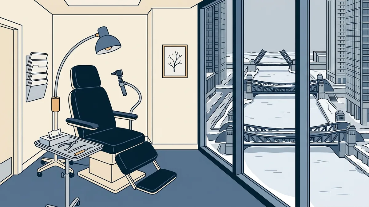A podiatry exam room in a Chicago high-rise with a view of the river.