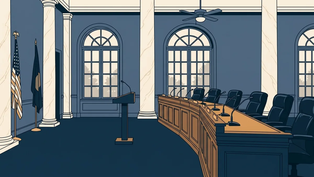 A state capitol committee room with a long wooden table, microphones and empty chairs before a hearing.