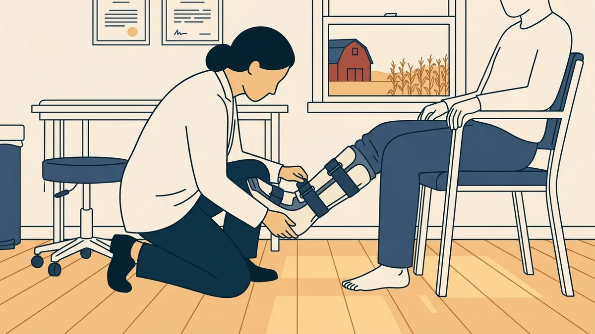 A podiatrist fitting a walking boot on a patient in an Iowa clinic.