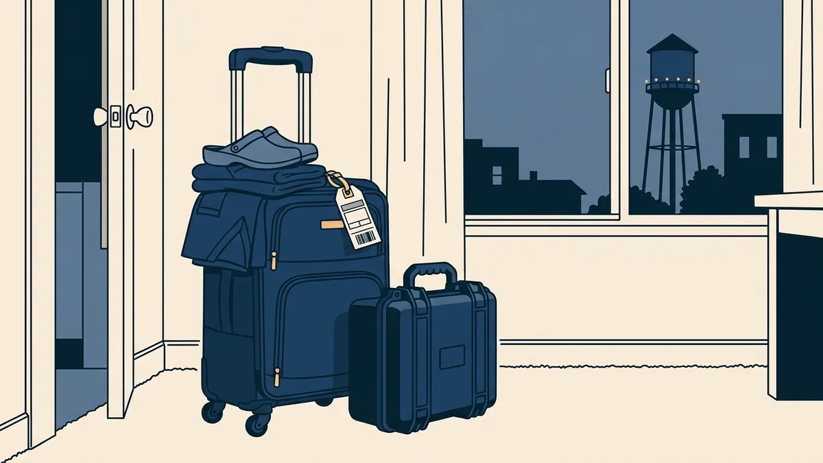 A carry-on suitcase and an instrument case by a hotel room door.