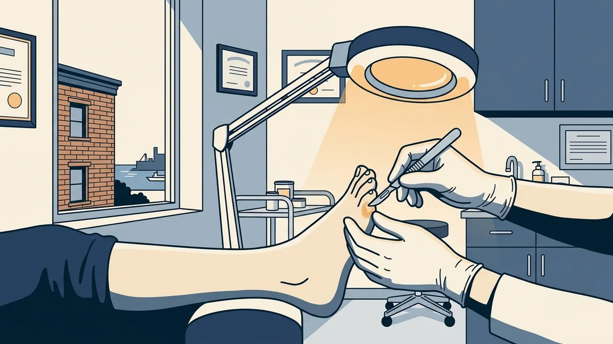 A podiatrist trimming a callus in a Boston clinic exam room.