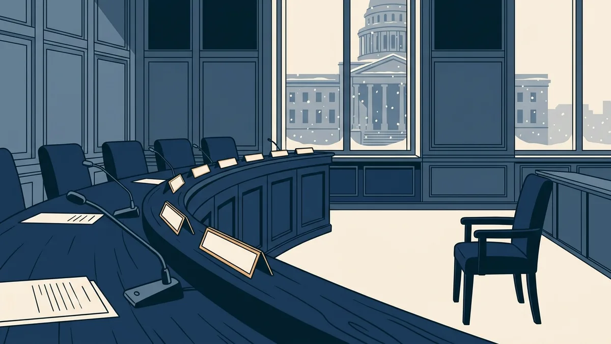 A state board hearing room in Minnesota with a long table and empty chairs.