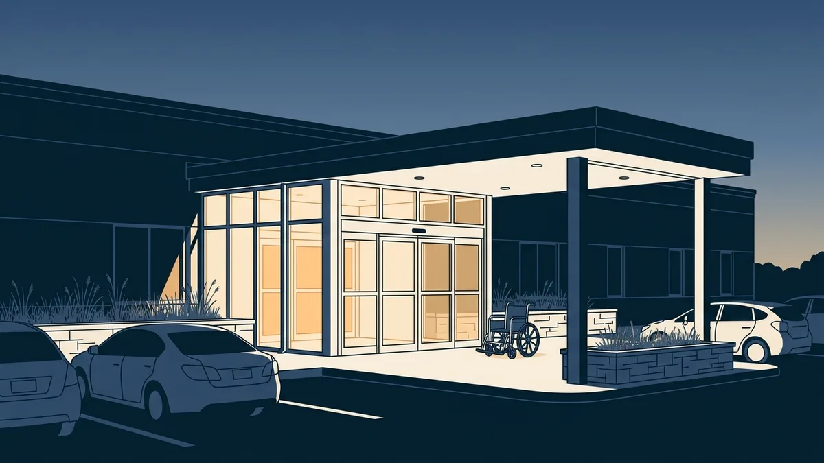 The entrance of an ambulatory surgery center in a Missouri suburb at dawn.