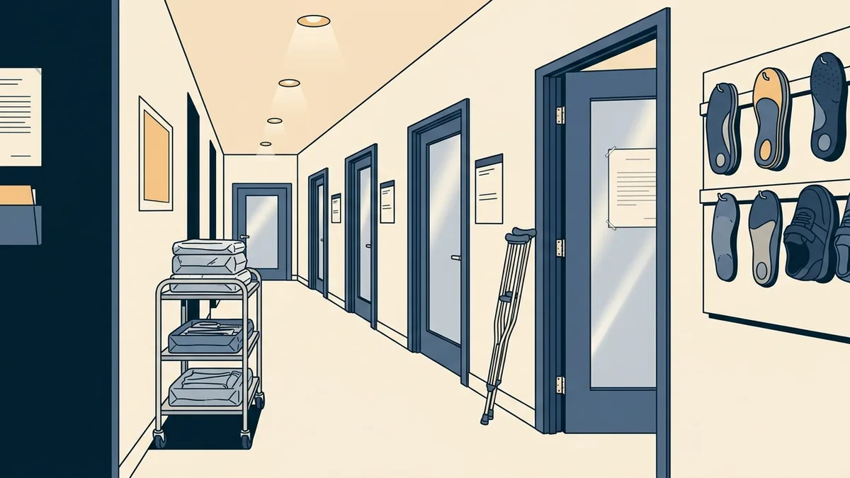A podiatry group's clinic hallway with exam room doors and an instrument cart.