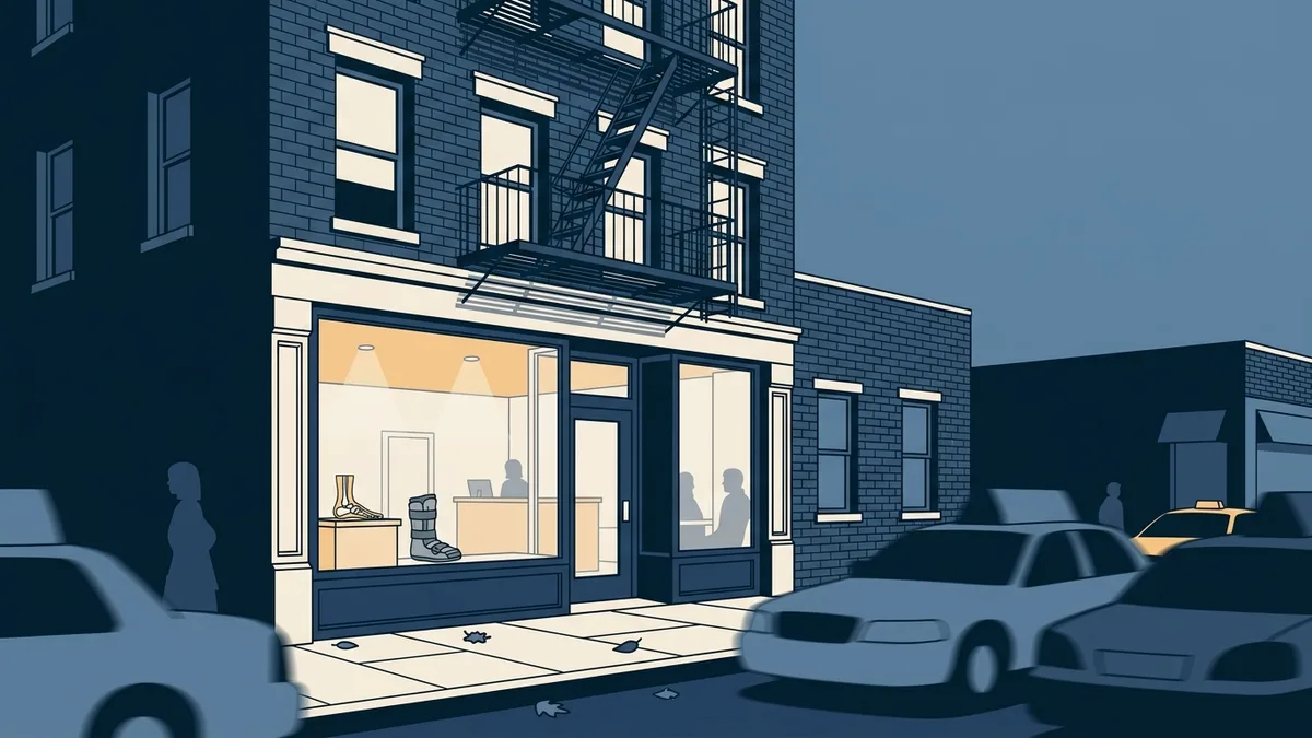 A foot and ankle clinic storefront on a New York side street on a fall morning.