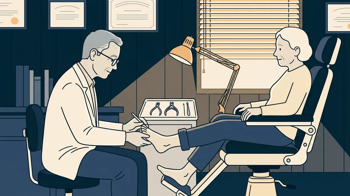 A senior podiatrist trimming a patient's toenails in a small-town foot clinic with wood-paneled walls.