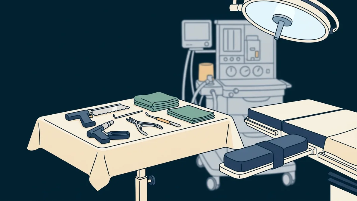 A limb-salvage instrument tray in a hospital operating room.