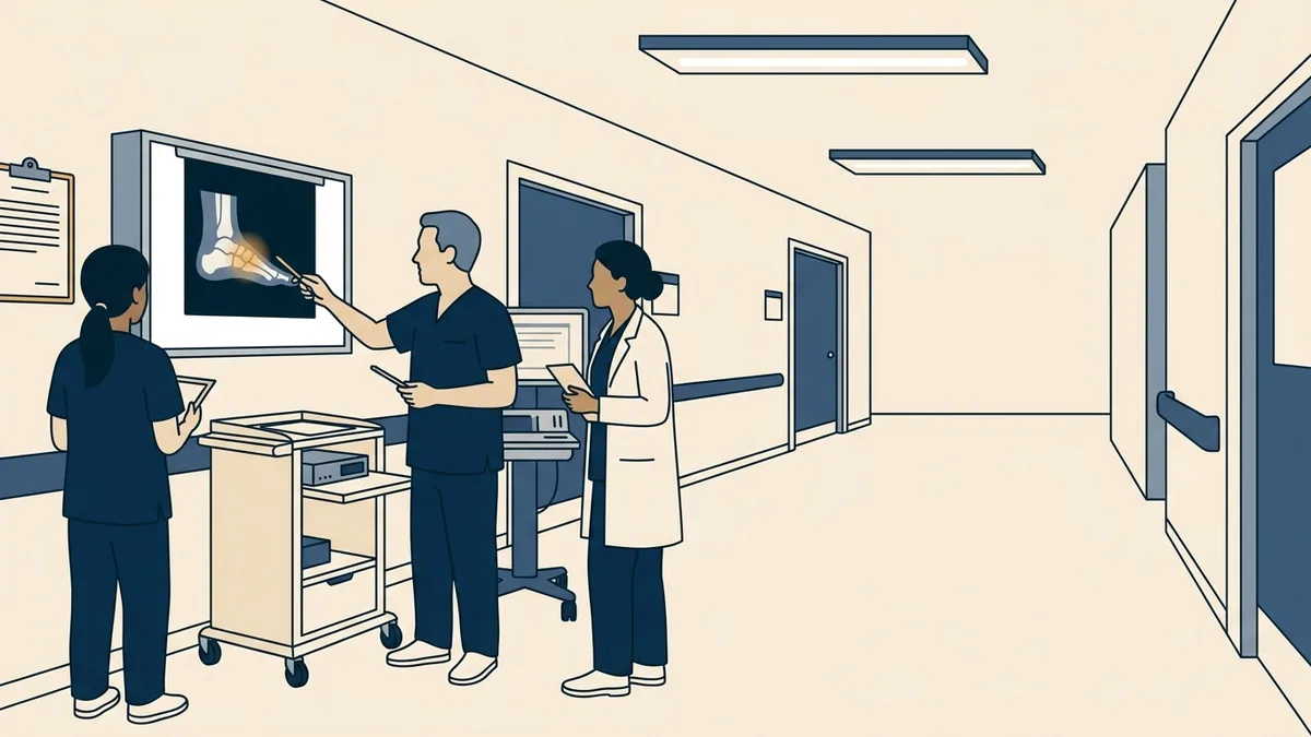 Podiatric residents in scrubs reviewing a foot X-ray on a lightbox during morning rounds in a hospital corridor.