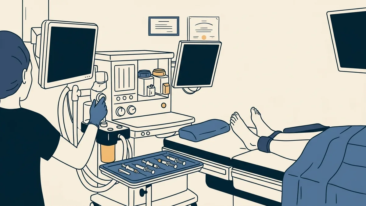 An anesthesia workstation beside an outpatient operating table set up for a foot procedure.