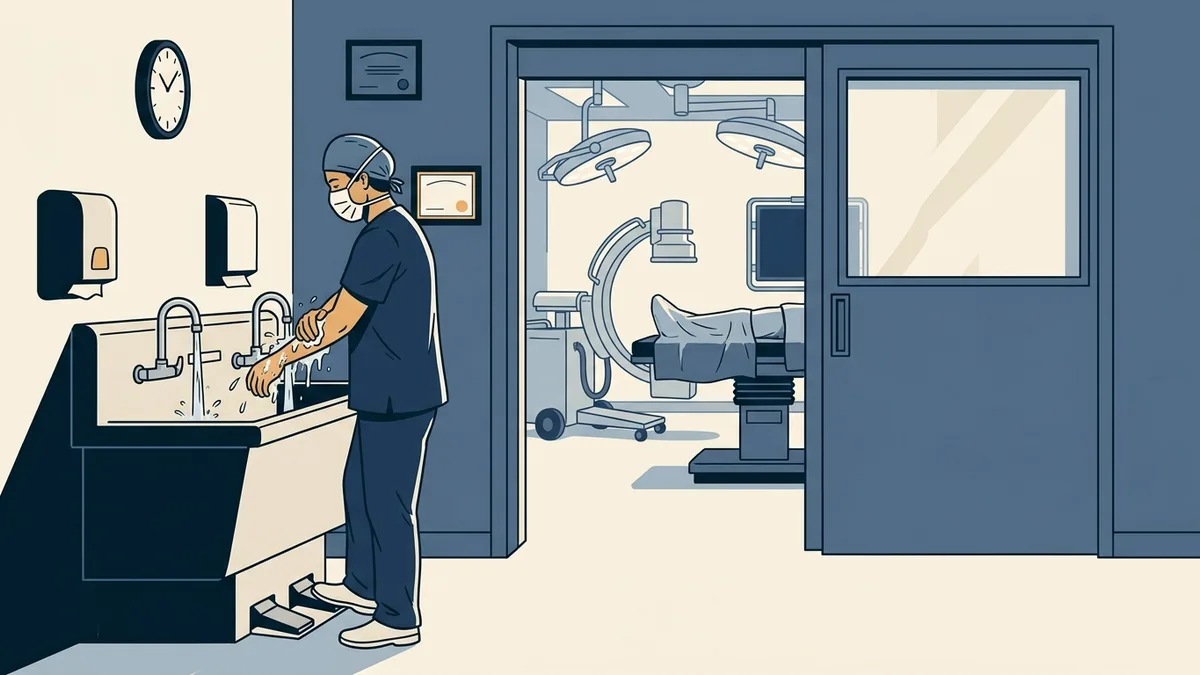 A foot and ankle surgeon scrubbing in at a steel sink outside an operating room.