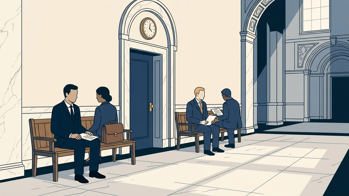 A podiatrist and an attorney waiting outside a state board hearing room on a wooden bench.