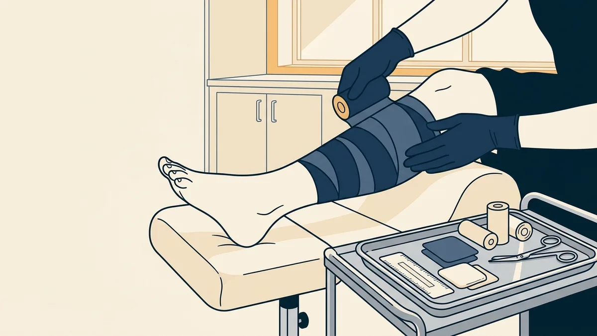 A podiatrist's gloved hands wrapping a compression dressing on a lower leg in a wound clinic.