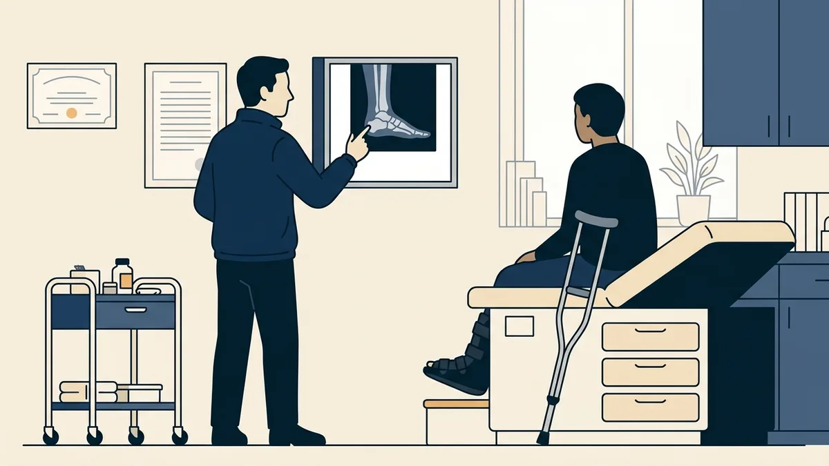 A foot and ankle surgeon reviewing post-operative X-rays with a patient wearing a surgical boot.