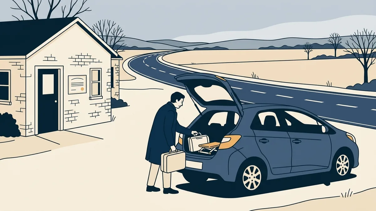 A podiatrist loading a portable treatment kit into a car outside a rural clinic near a state line.