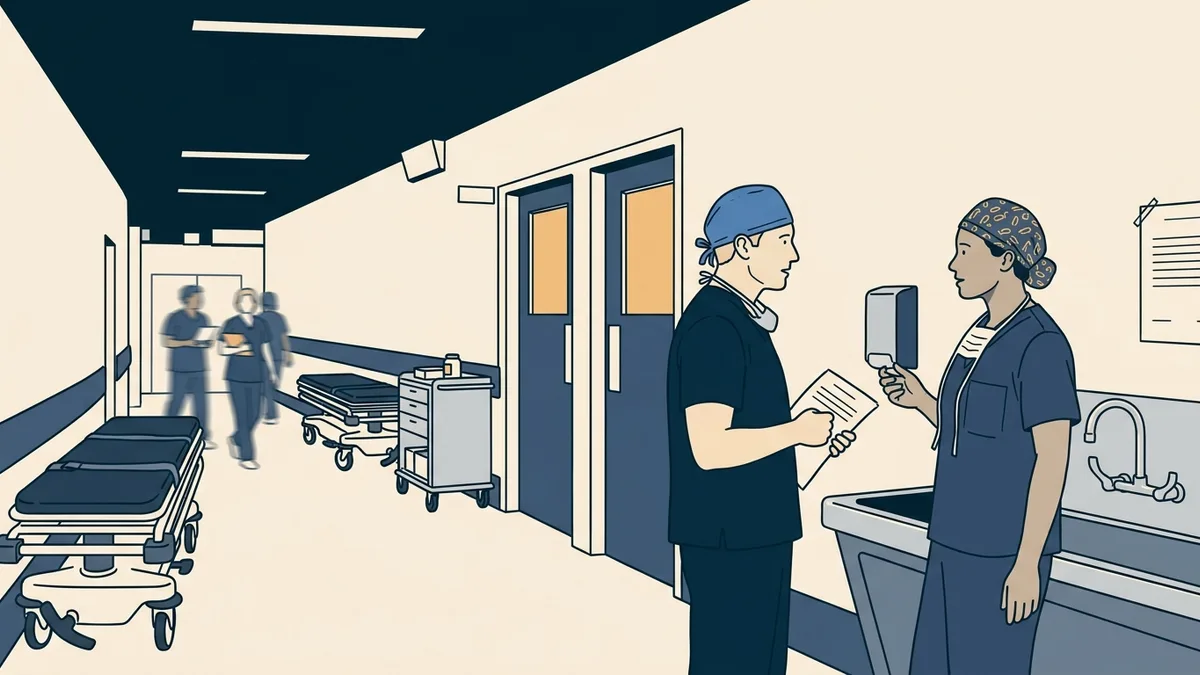 A hospital surgical corridor where a podiatric surgeon and an orthopedic surgeon talk outside adjoining operating rooms.