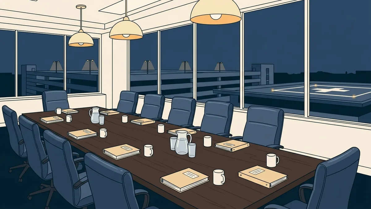 An empty hospital medical staff meeting room with a long table.