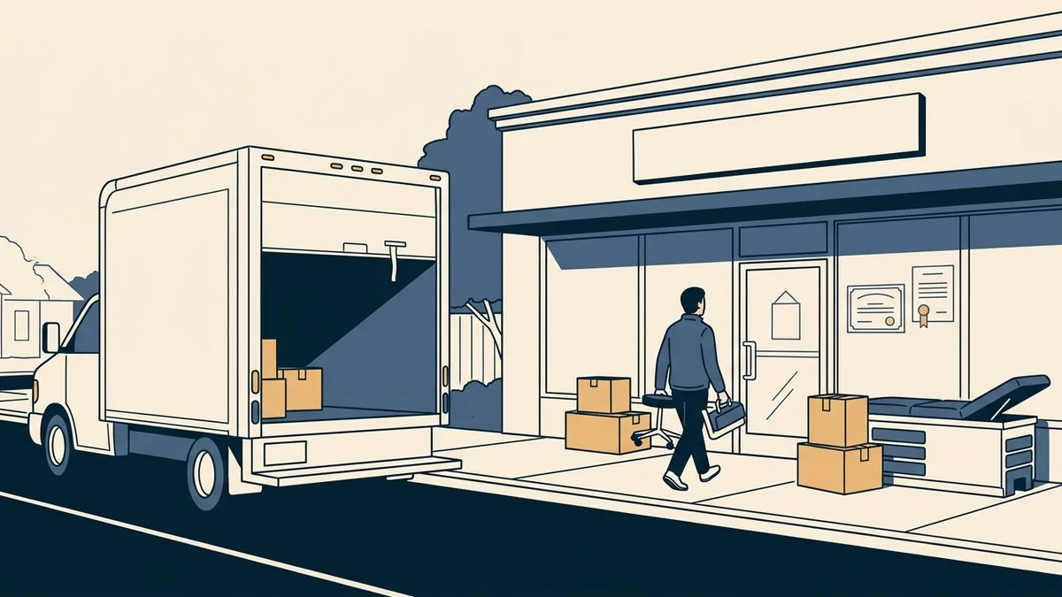 A moving truck parked outside a new foot and ankle clinic with boxes of clinic supplies on the sidewalk.
