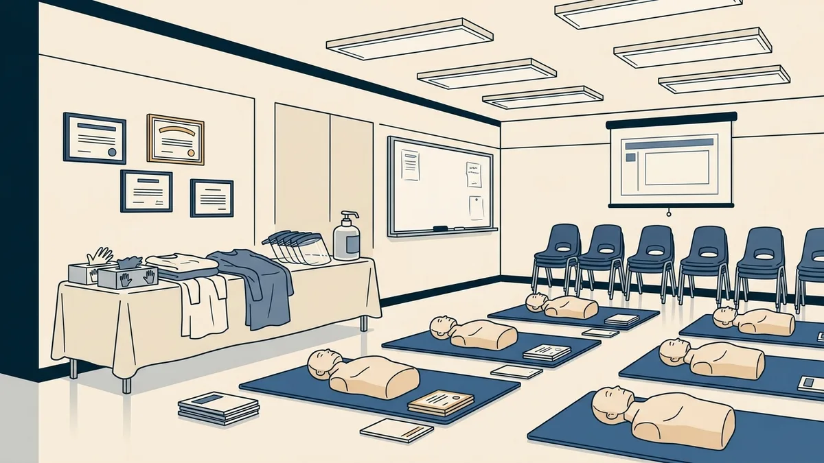A hospital training classroom with CPR manikins and an infection-control station.