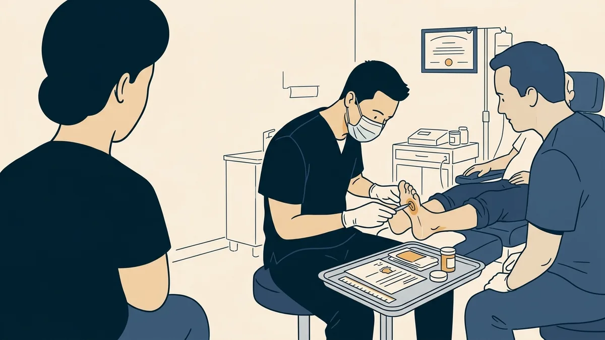 A first-year podiatry resident debriding a diabetic foot ulcer in a hospital wound clinic under supervision.