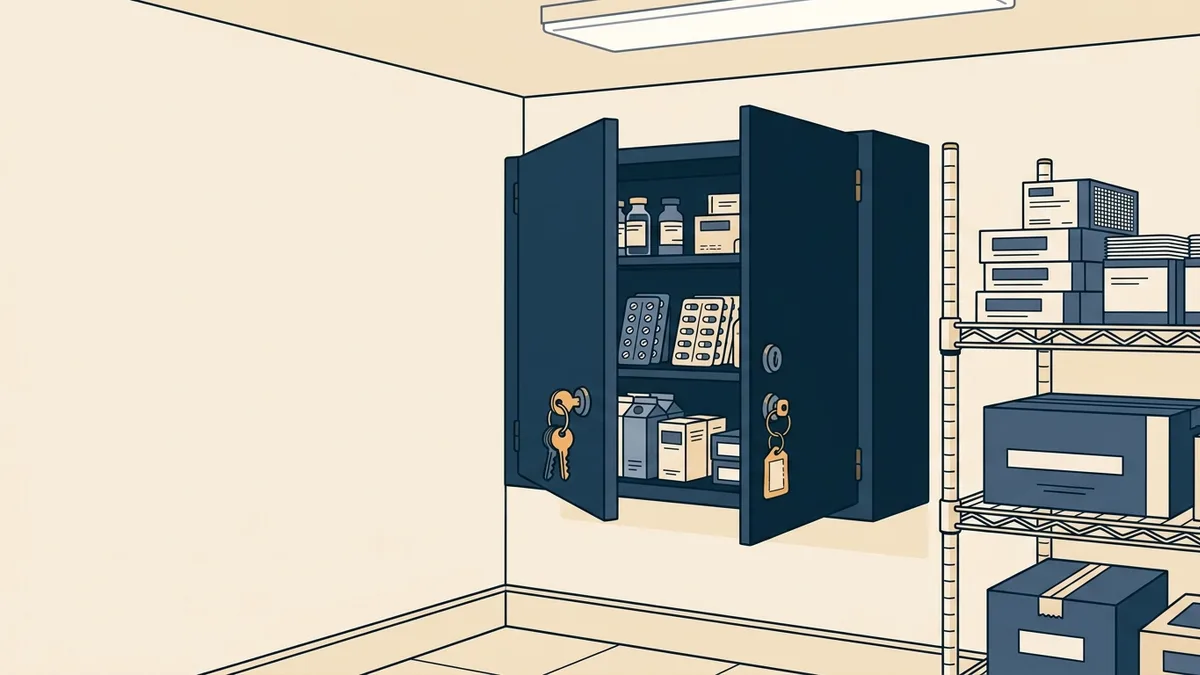A locked medication cabinet in a podiatry clinic supply room.