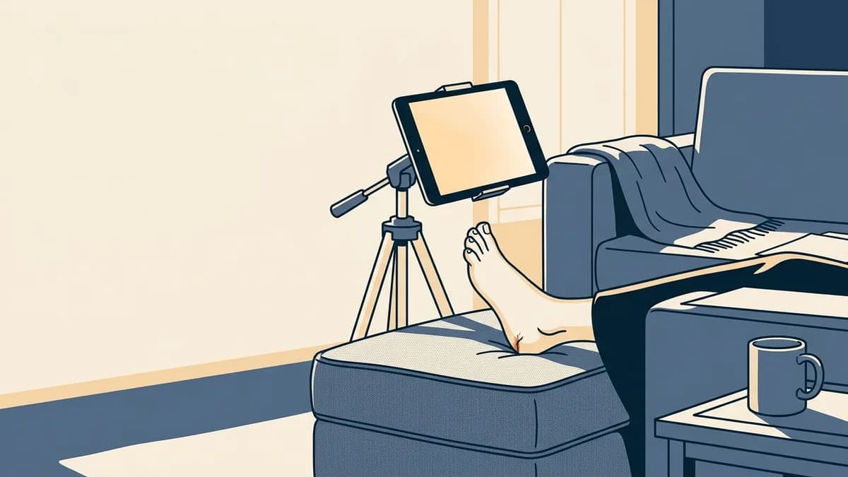A patient's bare foot propped on an ottoman in front of a tablet on a stand.