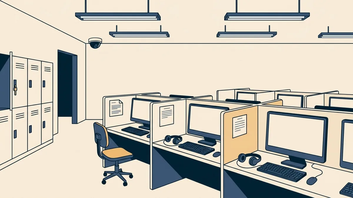 A quiet computer-based testing center with partitioned workstations.