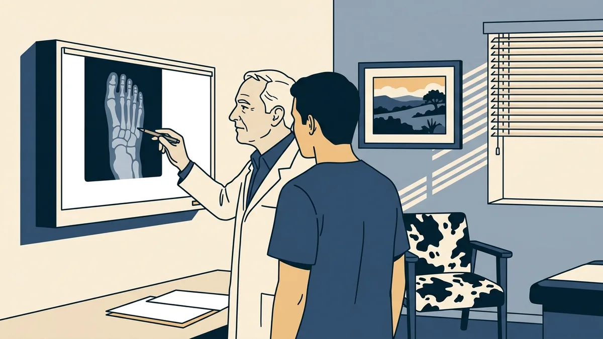 Two podiatrists reviewing a foot X-ray together in a Texas clinic.