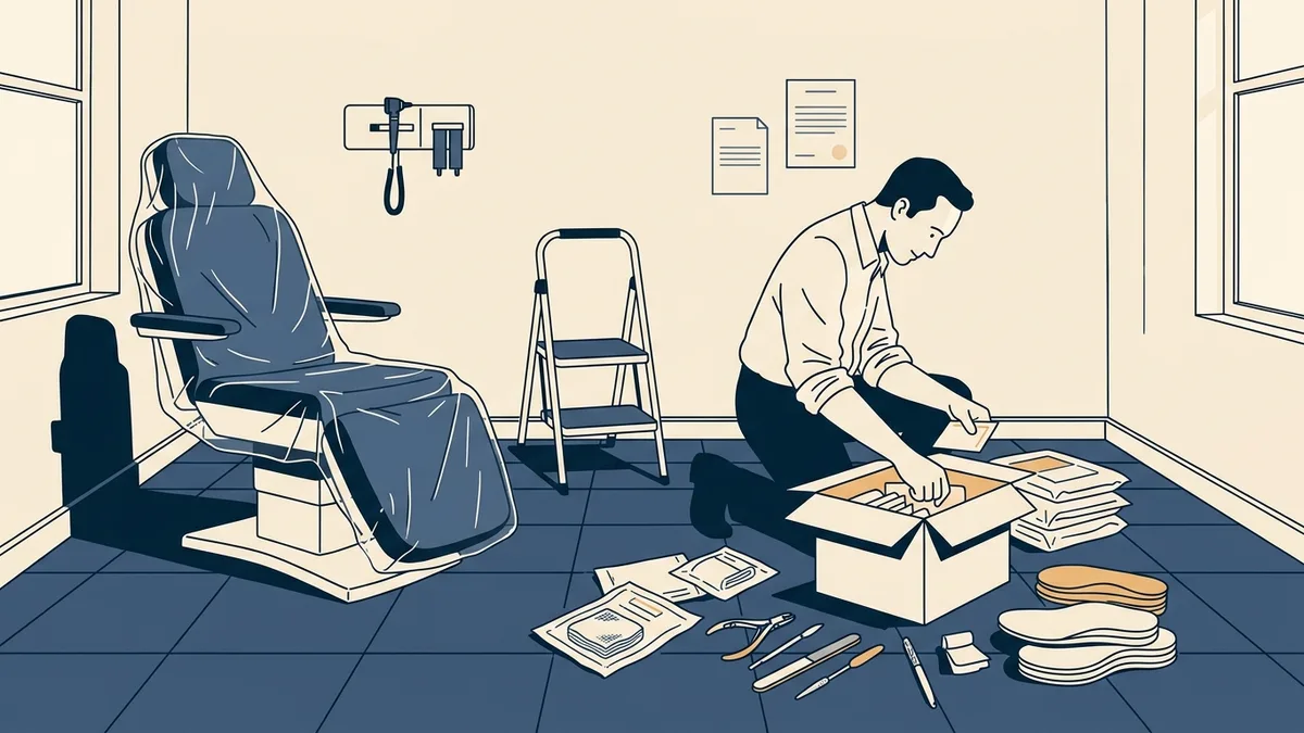 A podiatrist unpacking supplies in a newly leased exam room with a wrapped podiatry chair.