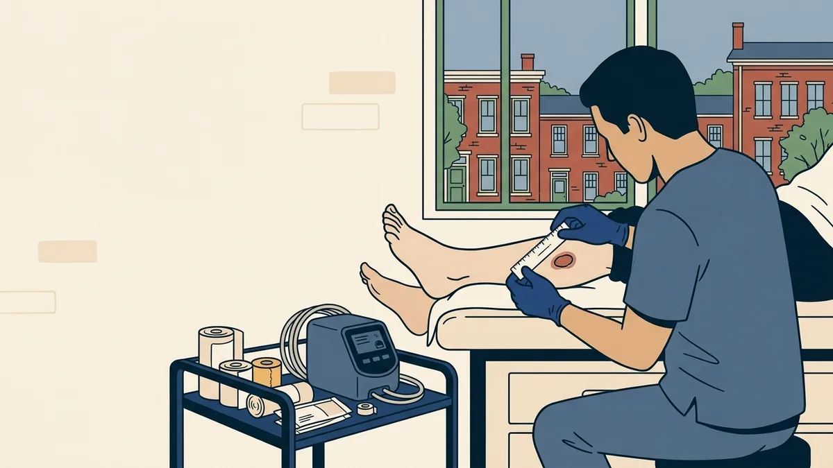 A podiatrist examining a lower leg ulcer in a Virginia wound clinic.