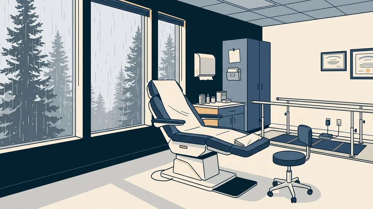A podiatry clinic in the Pacific Northwest with evergreen trees outside.